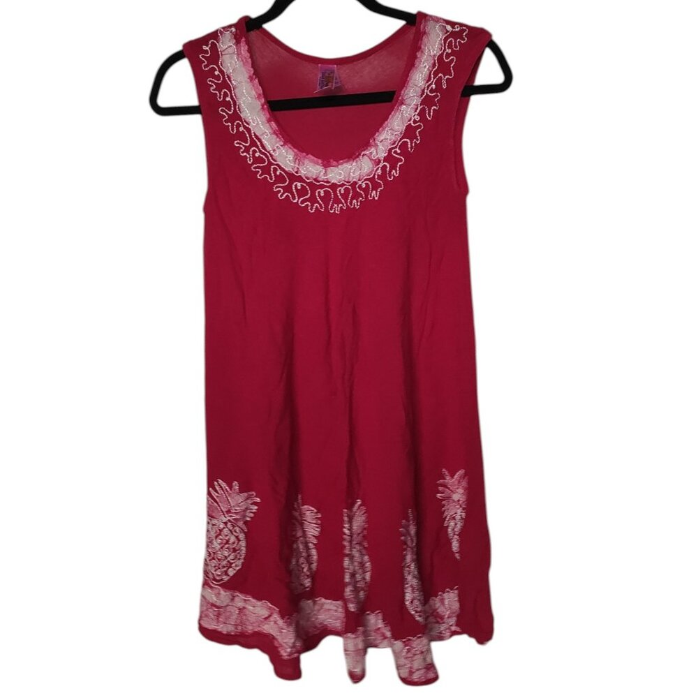 India Boutique Red Sundress with White Embroidery Pineapple One Size Fits Most